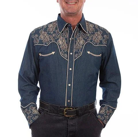 Men's western boots with a concho - studded strap and a pointed toeScully Men's Floral Embroidered Western Snap Shirt in Dark Denim Blue