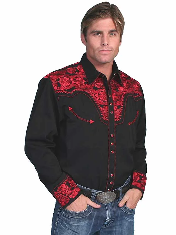 Men's western boots with a scalloped edge and a pull - on strapScully P-634-CRI Mens Floral Tooled Embroidery Western Shirt Crimson