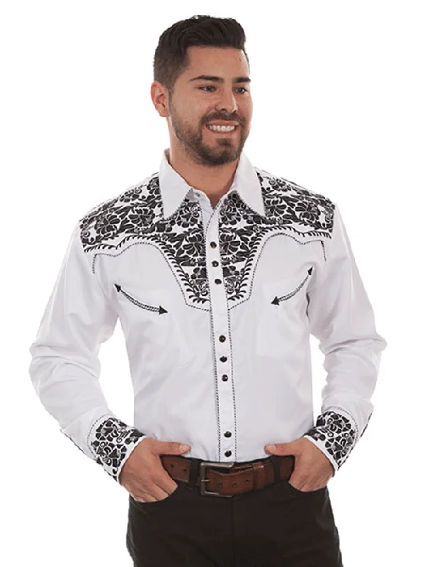 Men's western boots with a decorative inlay on the toe and heelScully P-634-WBK Mens Floral Tooled Embroidery Western Shirt White And Black