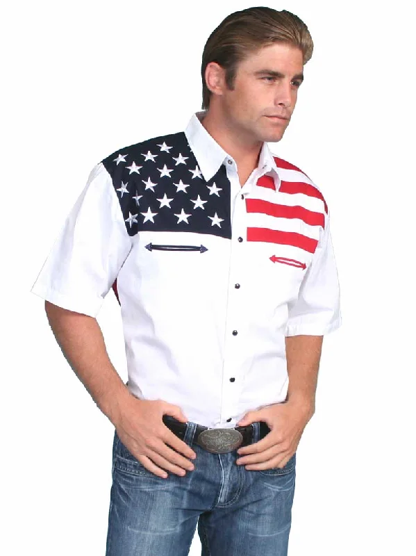 Western - style men's boots with intricate tooling and stitchingScully P-756SS Mens Short Sleeve American Flag Shirt White