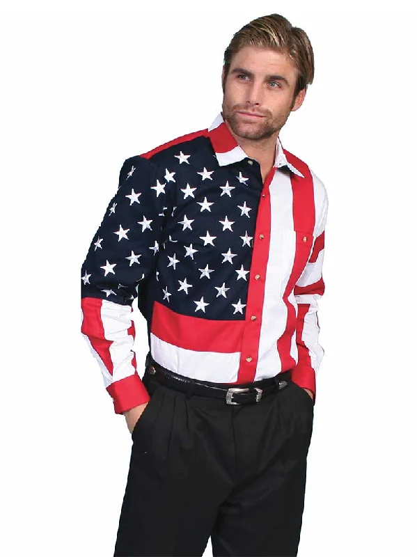 Men's western boots with a scalloped edge and a pull - on strapScully RW029 Mens Long Sleeve Patriot Western Shirt Bold Stars And Stripes