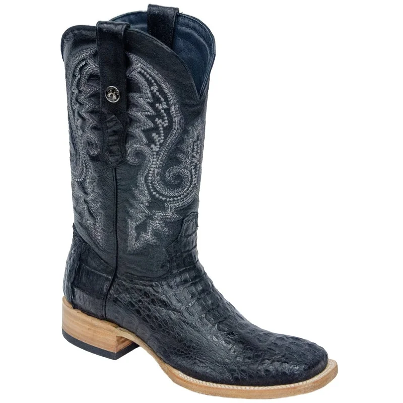 Western - style men's boots with intricate tooling and stitchingTanner Mark Men's Genuine Caiman Hornback Square Toe Boots Black TMX100158