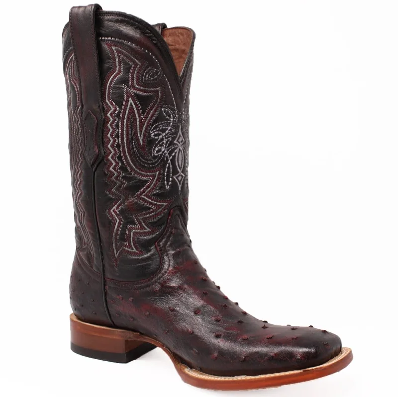 Men's western boots with a decorative inlay on the toe and heelTanner Mark Men's Genuine Full Quill Ostrich Square Toe Boots Black Cherry TMX203300