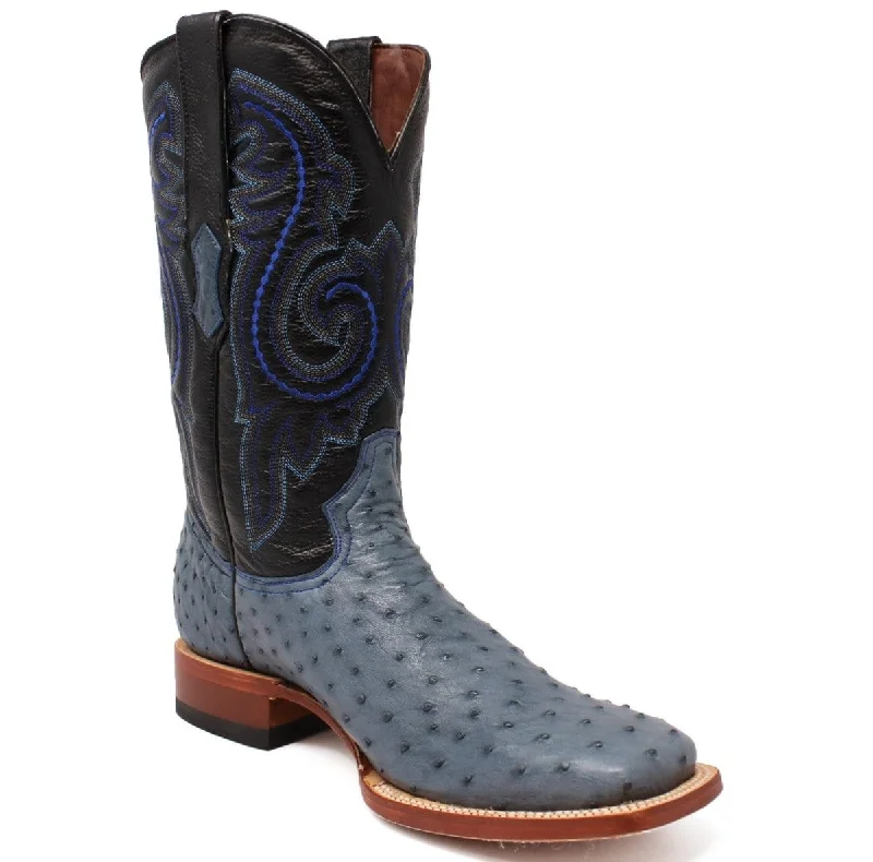 Men's western boots with a high - heeled design and a pointed toeTanner Mark Men's Genuine Full Quill Ostrich Square Toe Boots Blue JEAN TMX200502