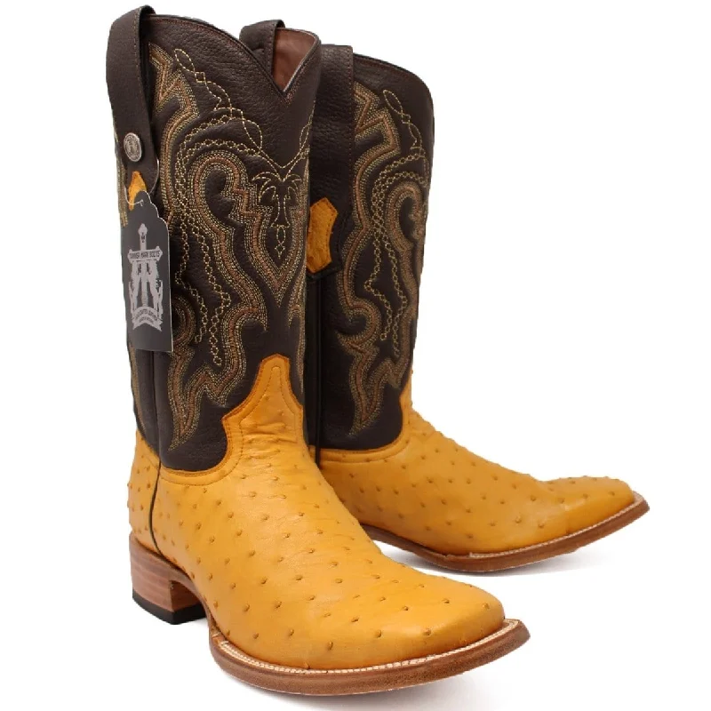 Western - style men's boots with intricate tooling and stitchingTanner Mark Men's Genuine Full Quill Ostrich Square Toe Boots Buttercup TMX200503