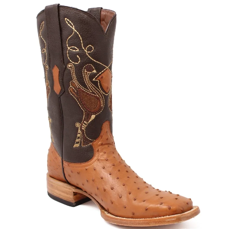 Men's western boots with a scalloped edge and a pull - on strapTanner Mark Men's Genuine Full Quill Ostrich Square Toe Boots Cognac RSX202104