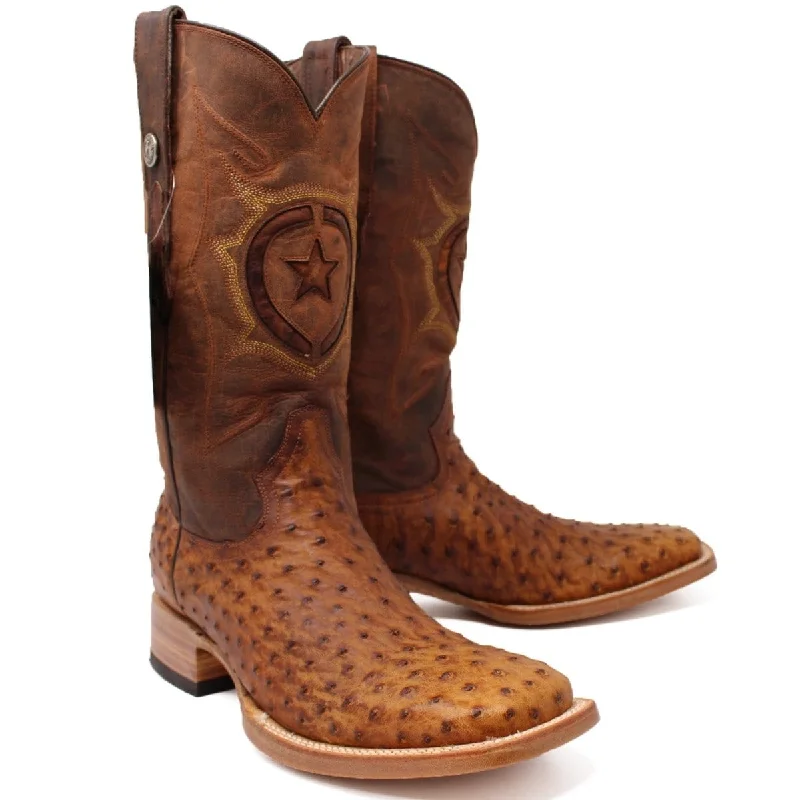 Men's western boots with a high - quality leather upper and a suede liningTanner Mark Men's Genuine Full Quill Ostrich Square Toe Boots Oiled Brandy TMX200477