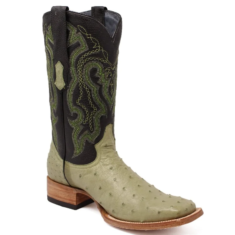 Men's western boots with a traditional western boot silhouette and a polished shineTanner Mark Men's Genuine Full Quill Ostrich Square Toe Boots Olive Green TMX200501