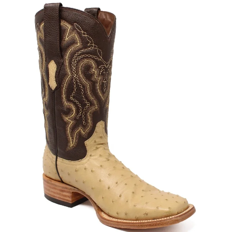 Men's western boots with a suede shaft and a leather soleTanner Mark Men's Genuine Full Quill Ostrich Square Toe Boots Oryx TMX200500