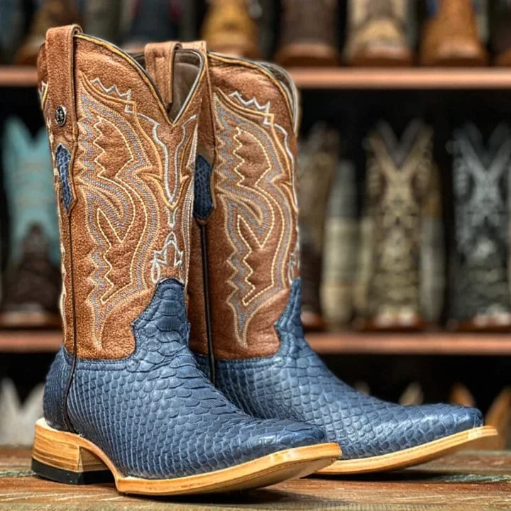 Men's western boots with a concho - studded strap and a pointed toeTanner Mark Men's Genuine Python Square Toe Boots Blue Jeans TMX208030