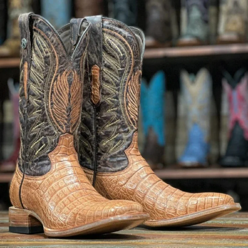 Men's genuine leather western boots with a snake - skin inlayTanner Mark Men's Hodge Genuine Caiman Belly Square Toe Boots Cognac TMX200355