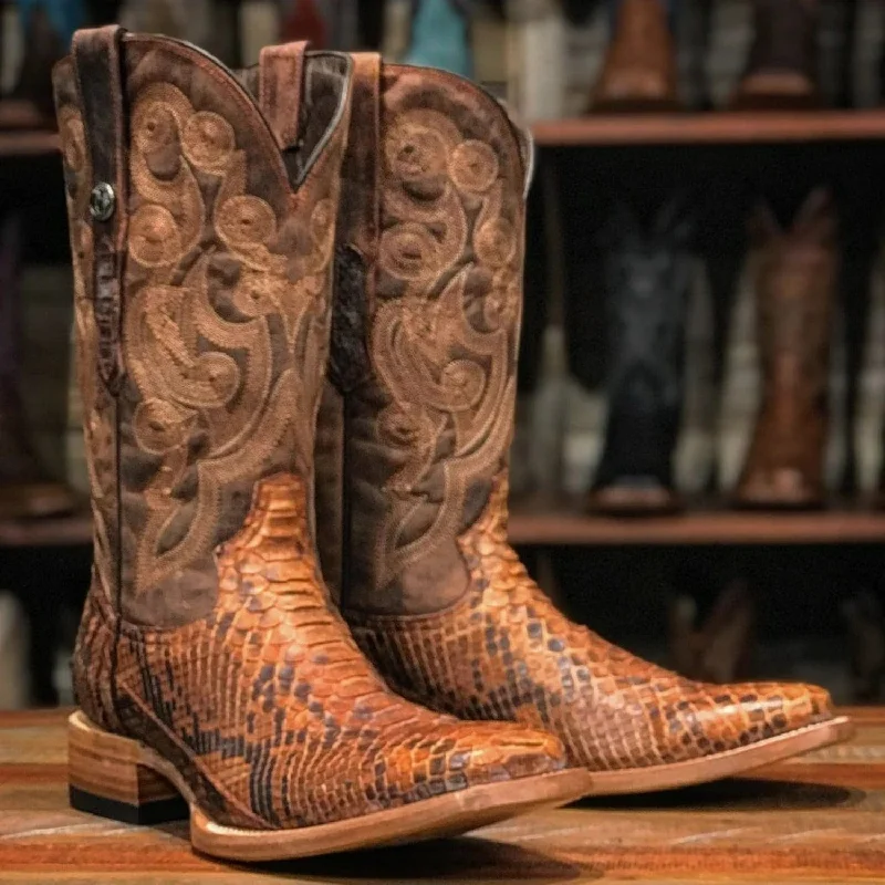 Men's western boots with a rubber sole for traction on various surfacesTanner Mark Men's Medina Genuine Python Square Toe Boots Brandy TMX200425