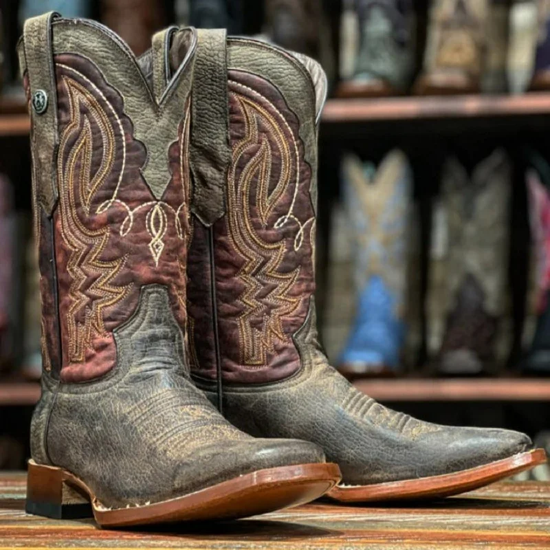 Vintage - style men's western boots with a square toe and spur ledgeTanner Mark Men's Muleshoe Square Toe Leather Boots Buffalo Brown TM201265