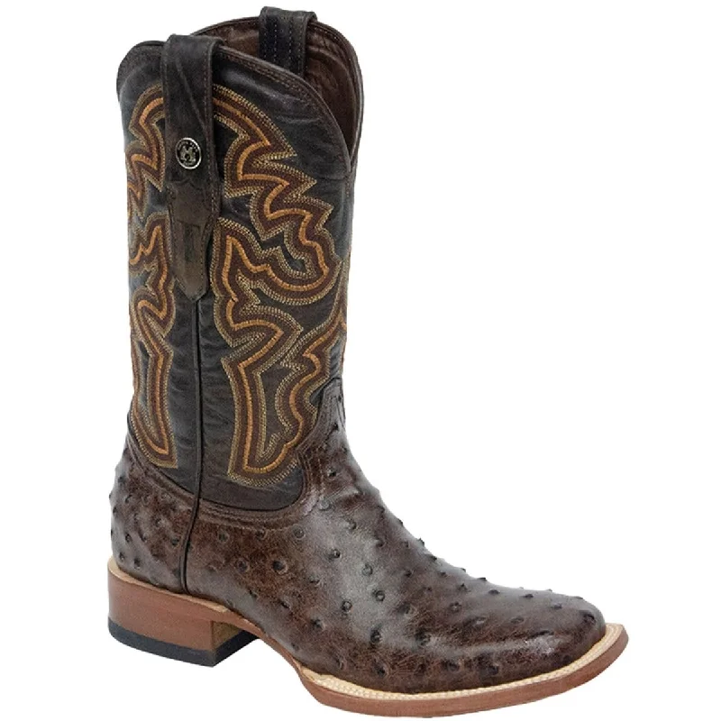 Men's western boots with a high - quality leather upper and a suede liningTanner Mark Men's Print Ostrich Square Toe Boots Rustic Brown TM200960