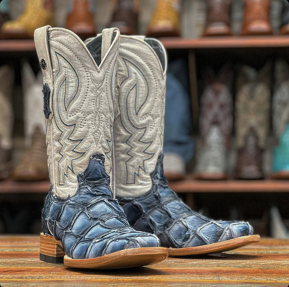 Men's western boots with a leather lining and a padded insoleTanner Mark Men's Sky Blue Monster Fish Western Boot