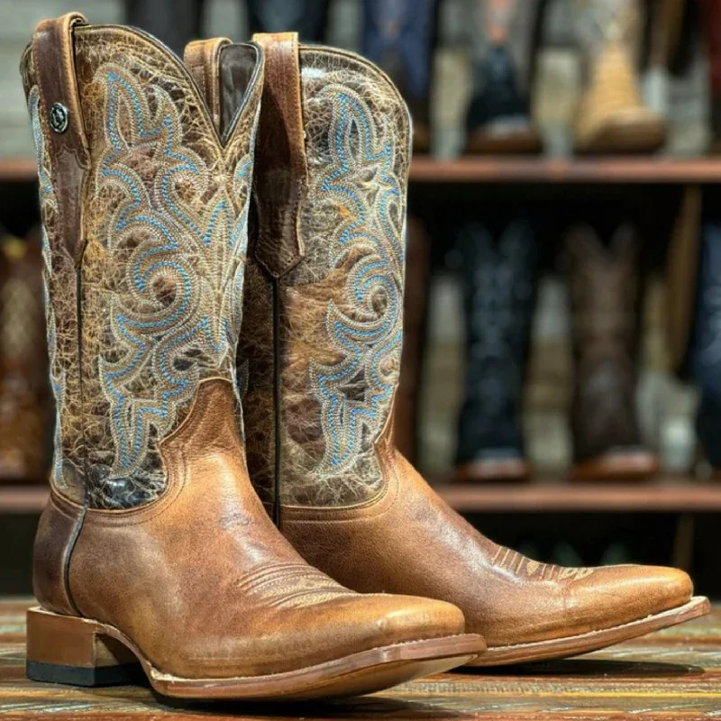 Men's western boots with a scalloped edge and a pull - on strapTanner Mark Men's Square Toe Leather Boots Maya Honey TM207044