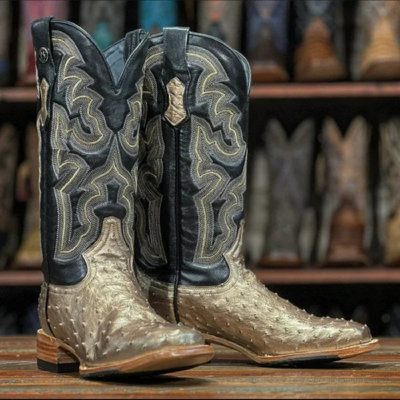 Men's western boots with a concho - studded strap and a pointed toeTanner Mark Women's Genuine Full Quill Ostrich Square Toe Boots Gold TMLX20113