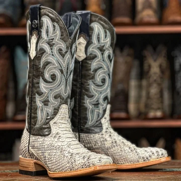 Men's western boots with a decorative inlay on the toe and heelTanner Mark Women's Square Toe Genuine Python Boots Natural TMLX20108