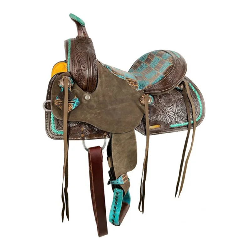 Men's western boots with a high - quality leather upper and a suede liningDouble T Youth Teal Gator Patchwork Barrel Style Saddle