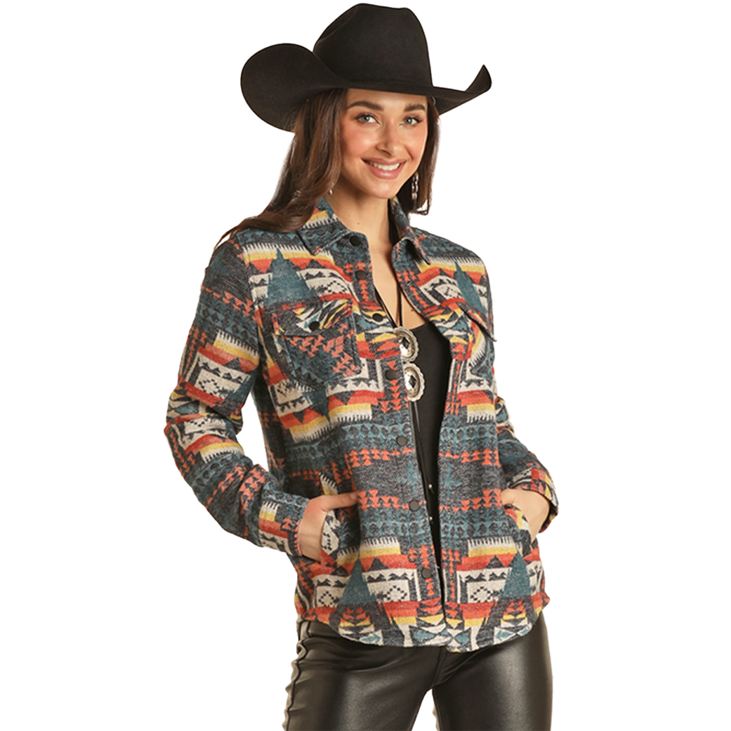 Men's western boots with a scalloped edge and a pull - on strapRock & Roll Denim Women's Aztec Snap Shacket