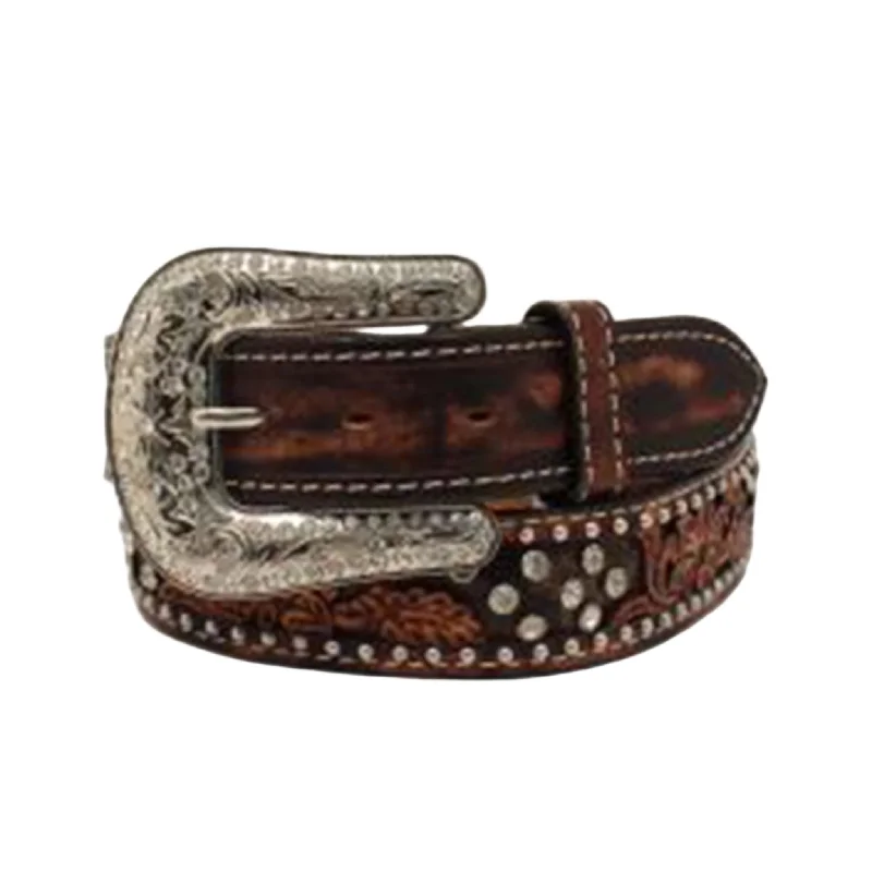 Western - style men's boots with intricate tooling and stitchingAngel Ranch Women's Tooled Overlay Stone Belt