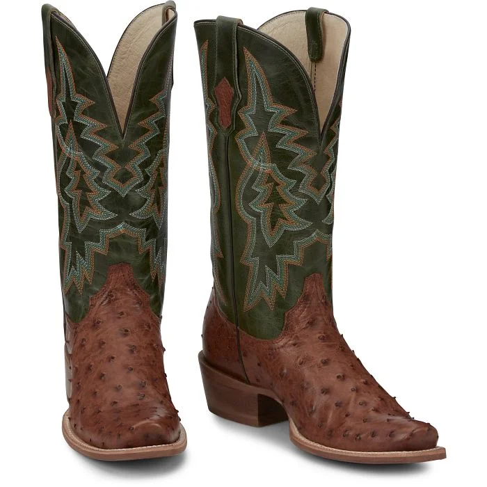 Men's western boots with a traditional western boot silhouette and a polished shineTony Lama Men's Rylen Full Quill Ostrich Boot in Brandy