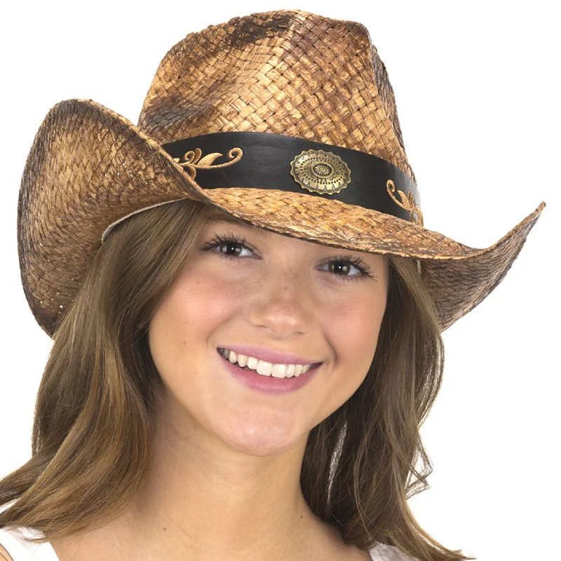 Men's western boots with a tooled leather design on the shaftJacobson Antiqued Toyo Western Hat