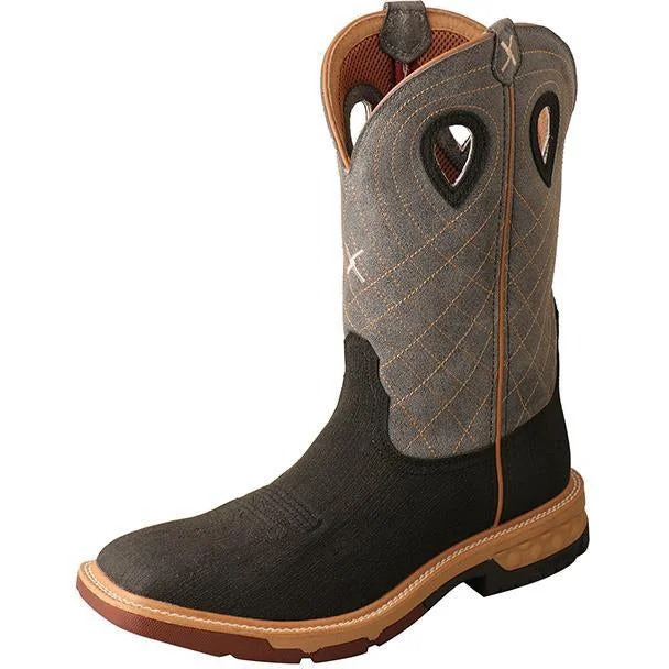 Men's western boots with a decorative inlay on the toe and heelTwisted X Men's 12" Western Work Boot with CellStretch-Rubberized Brown/Grey