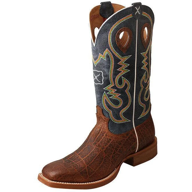 Men's western boots with a decorative inlay on the toe and heelTwisted X Men's Ruff Stock Boot-Cognac Elephant Print/Blue