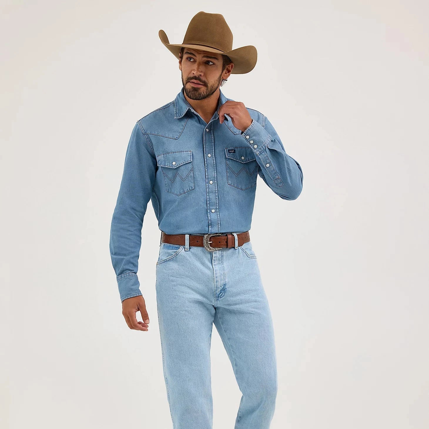 Men's genuine leather western boots with a snake - skin inlayWrangler Men's Cowboy Cut L/S Western Denim Snap Work Shirt in Stonewash