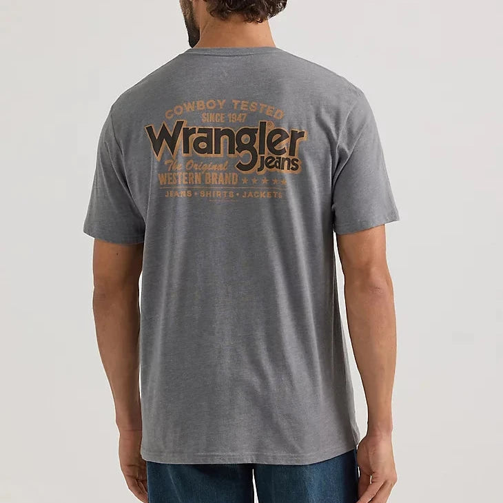 Men's western boots with a scalloped edge and a pull - on strapWrangler Men's Graphic Logo T-Shirt in Graphite Heather