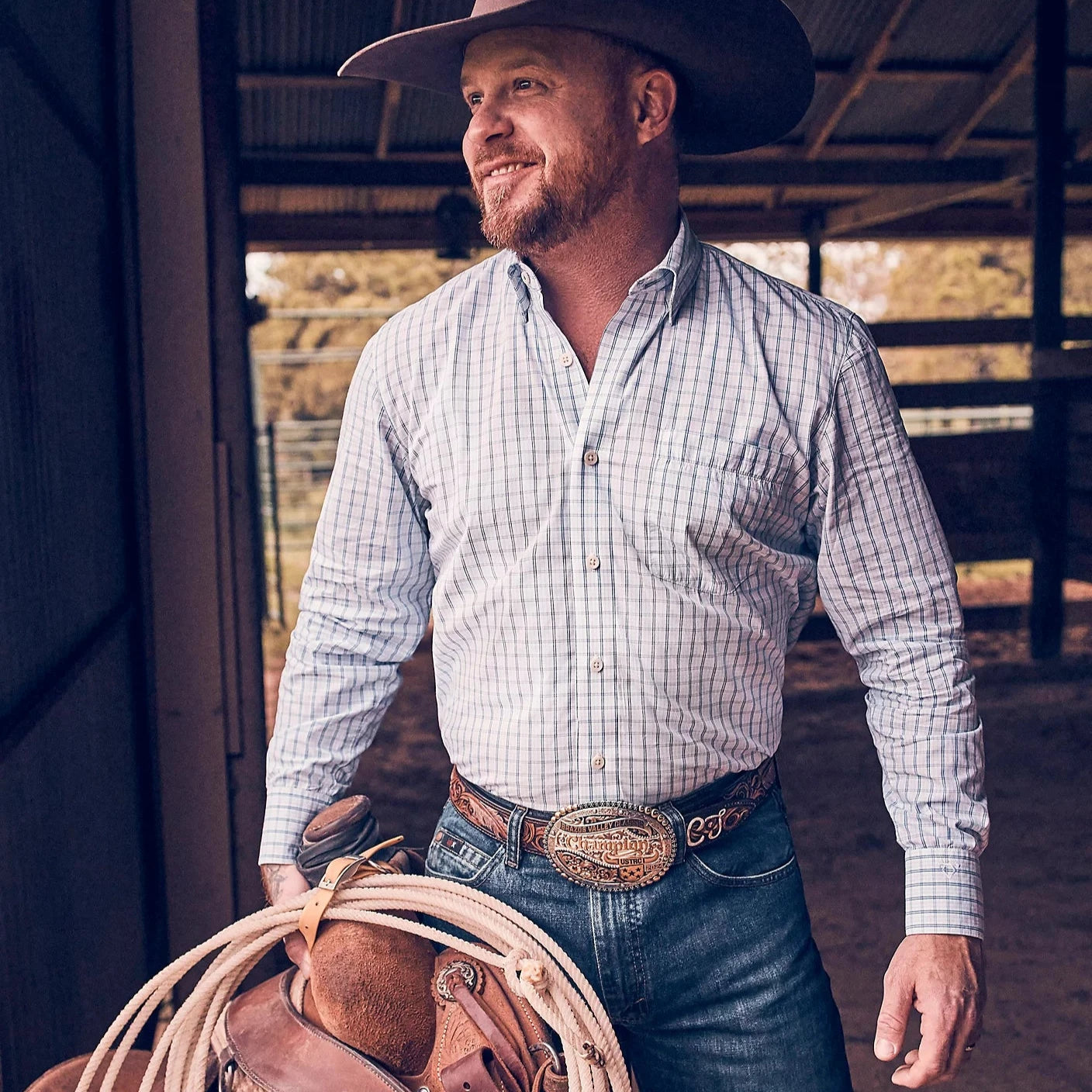 Men's western boots with a silver - toned hardware and accentsWrangler Men's Cody Johnson L/S Square Button Down Shirt in Blue Windowpane